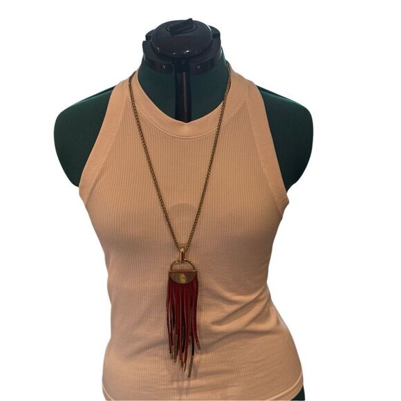 Anthropologie Gold with Leather Tassel Statement Necklace - Picture 1 of 7